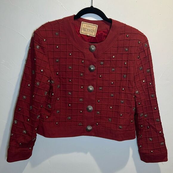 Double D Ranch Red Crop Jacket Star Flower Studded All Over Button